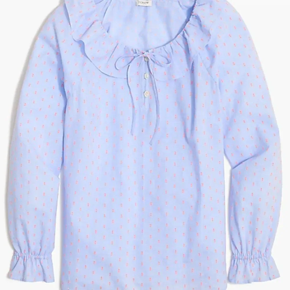 J Crew Cotton Printed Blue Top Women's Long-Sleeve Ruffle‎ Shirt Large Petite